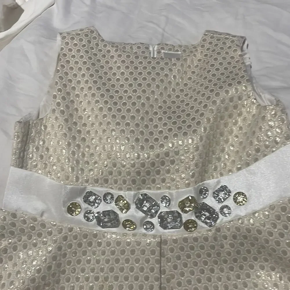 Gymboree 6 cream and golden dressy dress rhinestone belt attached lined euc